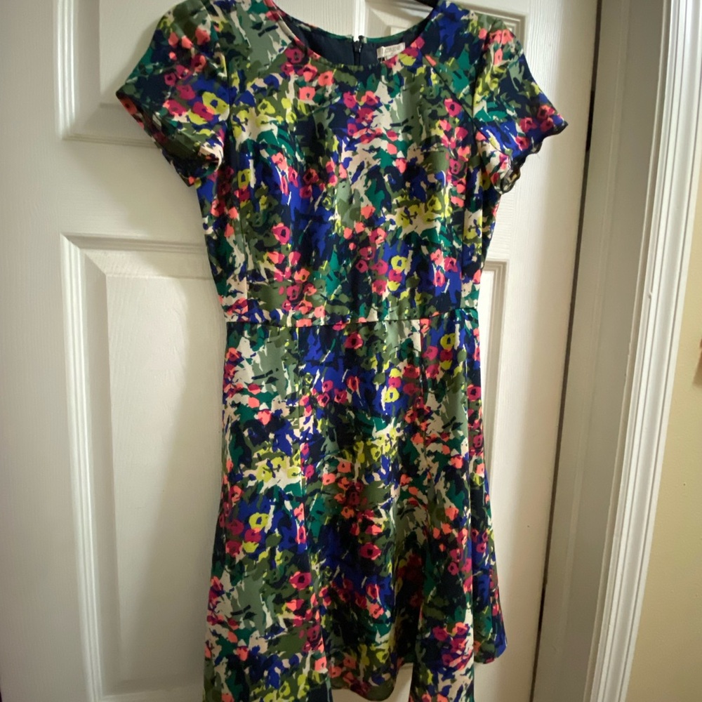 J. Crew Factory Pink and Green Fit and Flare Dress with Ruffled Tiers